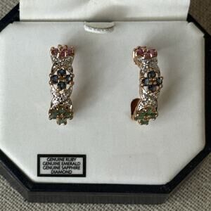 Ruby Emerald Sapphire Diamond Floral Cluster Semi Hoop Earrings 18K GP 925